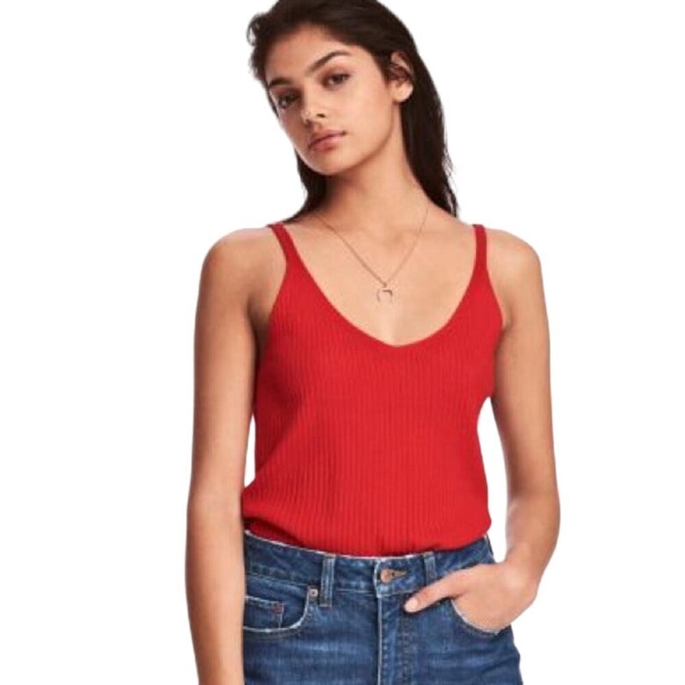 H&M Divided Ribbed Tank Top V Neck Scoop Pullover Knit Stretch Viscose Red XS